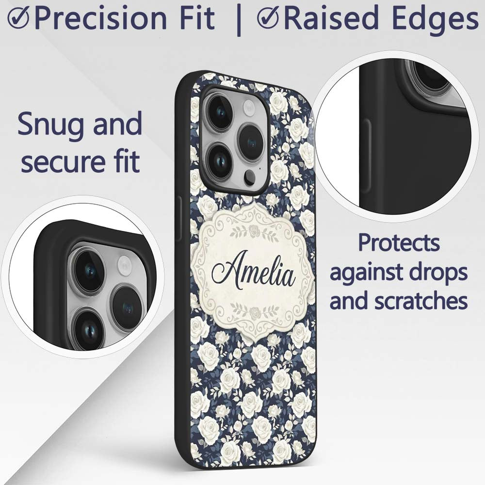 White Rose Floral Pattern on Navy Blue Background Custom Name Protective Phone Case Mobile Cover Durable Everyday Smartphone Shock Resistant