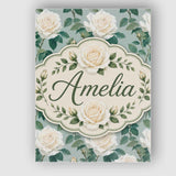 Personalised Name White Roses with Green Custom  Unique Gift Idea Elegant Feature Canvas Wall Art Print Decor Picture Ready to Hang