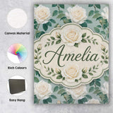 Personalised Name White Roses with Green Custom  Unique Gift Idea Elegant Feature Canvas Wall Art Print Decor Picture Ready to Hang