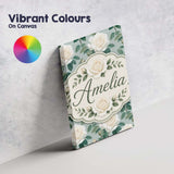 Personalised Name White Roses with Green Custom  Unique Gift Idea Elegant Feature Canvas Wall Art Print Decor Picture Ready to Hang