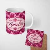 Personalized Custom Name Artistic Pink Floral Brush Stroke Seamless Pattern Cute Unique Gift 11oz Ceramic Coffee Tea Mug White Large Handle