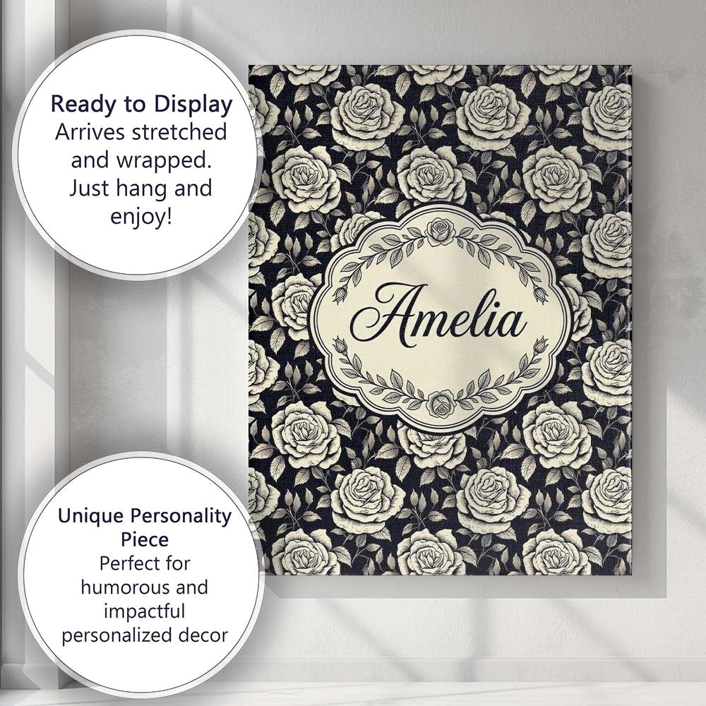 Personalised Name Monochrome Rose Floral Custom  Unique Gift Idea Elegant Feature Canvas Wall Art Print Decor Picture Ready to Hang