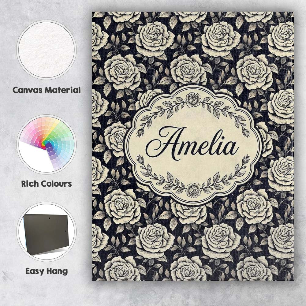 Personalised Name Monochrome Rose Floral Custom  Unique Gift Idea Elegant Feature Canvas Wall Art Print Decor Picture Ready to Hang