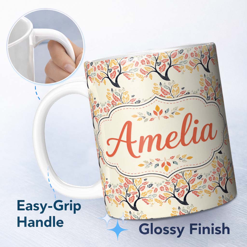 Personalized Custom Name Decorative Branch Trees with Autumn Leaves Seamless Pattern Lovely 11oz Ceramic Coffee Tea Mug White Large Handle