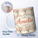 Personalized Custom Name Decorative Branch Trees with Autumn Leaves Seamless Pattern Lovely 11oz Ceramic Coffee Tea Mug White Large Handle
