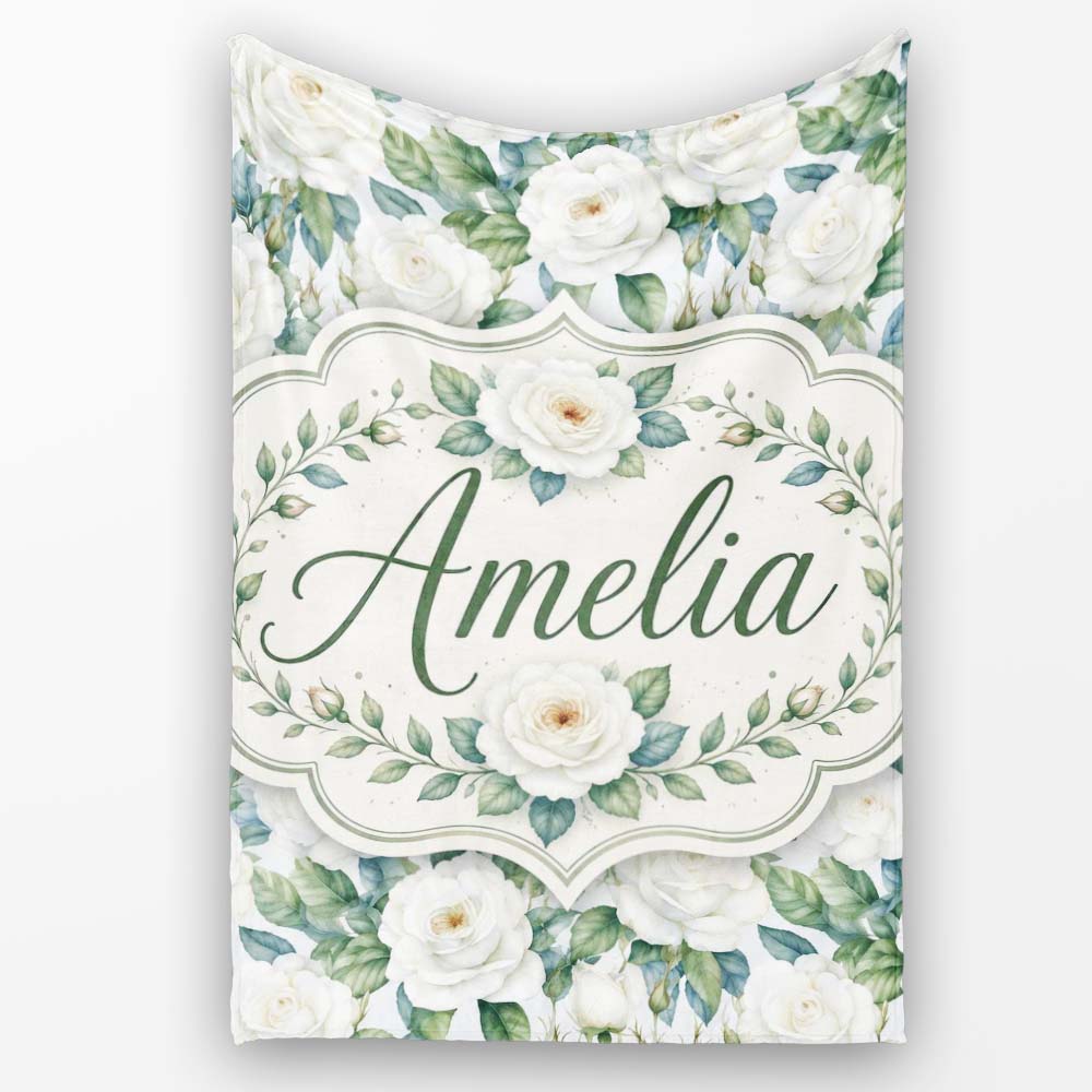 Classic White Rose Bouquet with Blue Green Leaves Seamless Pattern  Personalised Custom Name Super Soft Fleece Blanket Bed Sofa Throw