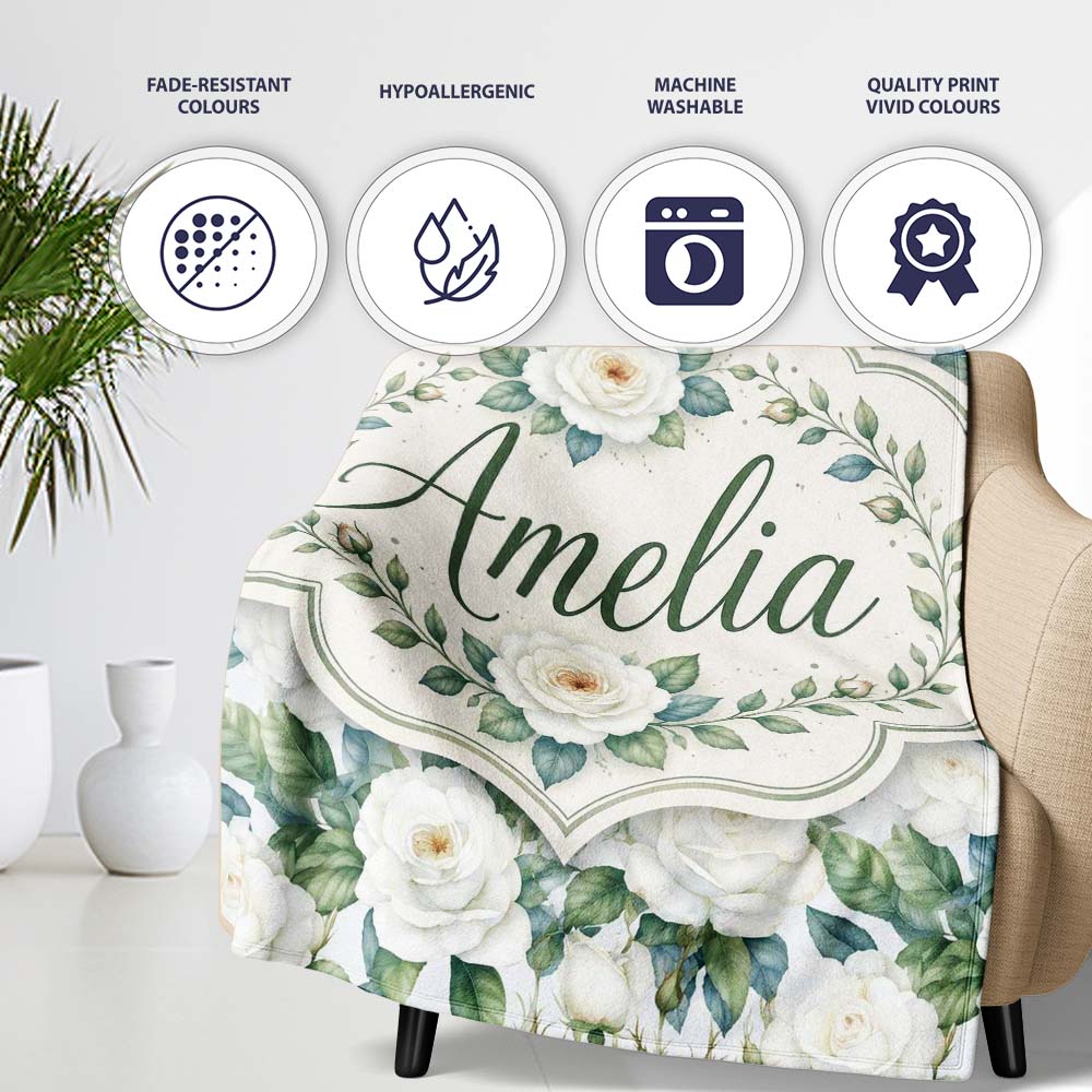 Classic White Rose Bouquet with Blue Green Leaves Seamless Pattern  Personalised Custom Name Super Soft Fleece Blanket Bed Sofa Throw