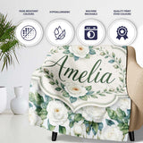Classic White Rose Bouquet with Blue Green Leaves Seamless Pattern  Personalised Custom Name Super Soft Fleece Blanket Bed Sofa Throw