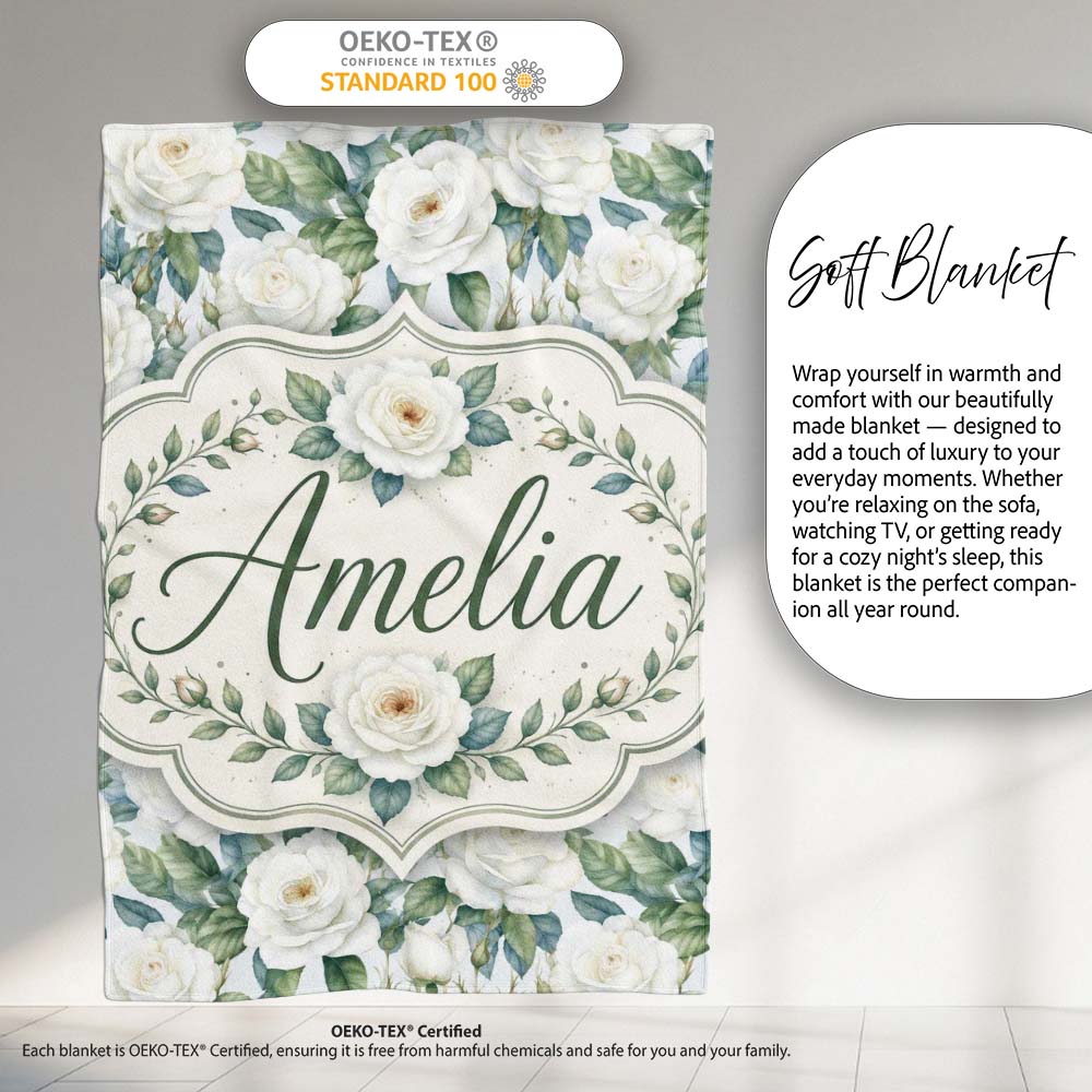 Classic White Rose Bouquet with Blue Green Leaves Seamless Pattern  Personalised Custom Name Super Soft Fleece Blanket Bed Sofa Throw