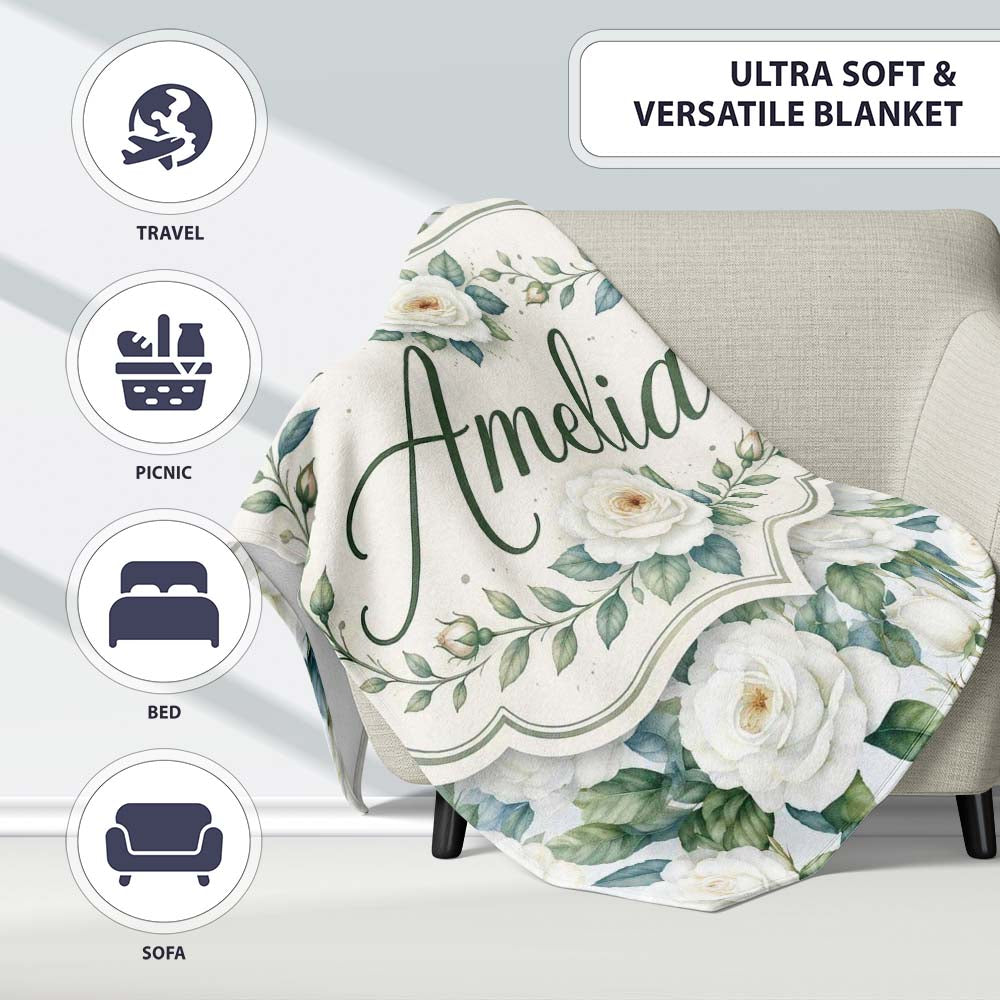 Classic White Rose Bouquet with Blue Green Leaves Seamless Pattern  Personalised Custom Name Super Soft Fleece Blanket Bed Sofa Throw