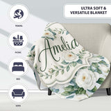 Classic White Rose Bouquet with Blue Green Leaves Seamless Pattern  Personalised Custom Name Super Soft Fleece Blanket Bed Sofa Throw