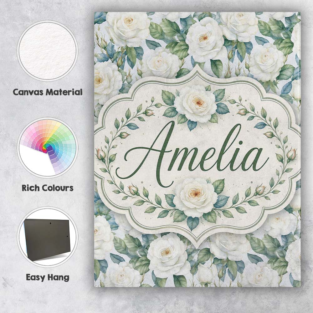 Personalised Name Classic White Rose Custom Premium Decorative Design Modern Room Accent Canvas Wall Art Print Decor Picture Ready to Hang