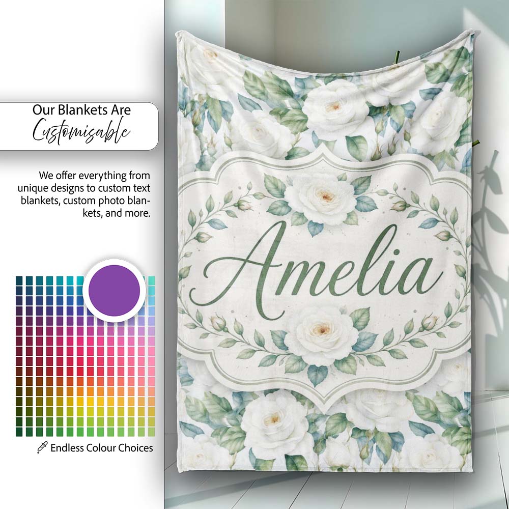 Classic White Rose Bouquet with Blue Green Leaves Seamless Pattern  Personalised Custom Name Super Soft Fleece Blanket Bed Sofa Throw