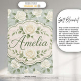 Delicate White Roses on Pale Sage Green Background Seamless Pattern  Personalised Custom Name Super Soft Fleece Blanket Bed Sofa Throw
