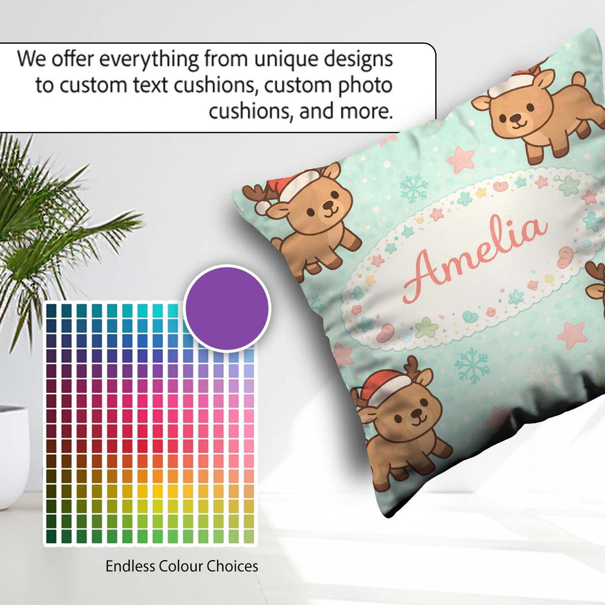 Custom Name Cute Christmas Reindeer Cartoon Animal Pattern for Square Filled Cushion Throw Pillow Sofa Bed Home Decor Zip Washable UK Made