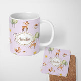 Personalized Custom Name Cute Woodland Deer Fox Mushroom Seamless Pattern on Pastel Lavender 11oz Ceramic Coffee Tea Mug White Large Handle