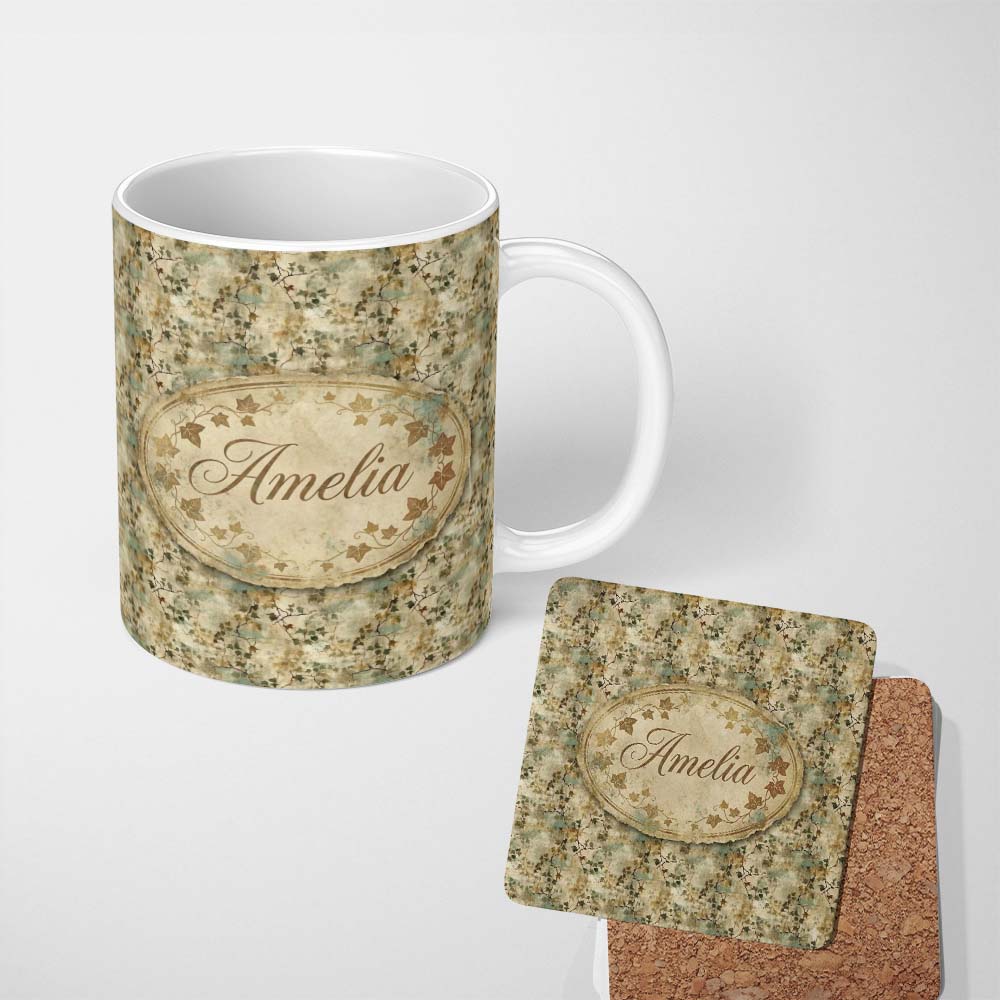 Personalized Custom Name Vintage Distressed Leafy Branch Botanical Seamless Pattern Lovely 11oz Ceramic Coffee Tea Mug White Large Handle