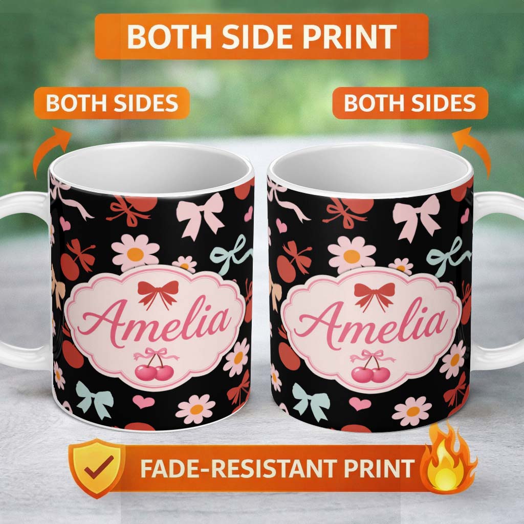 Personalized Custom Name Cute Cherry Bow Daisy Heart Seamless Pattern on Black Background 11oz Ceramic Coffee Tea Mug White Large Handle
