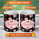 Personalized Custom Name Cute Cherry Bow Daisy Heart Seamless Pattern on Black Background 11oz Ceramic Coffee Tea Mug White Large Handle
