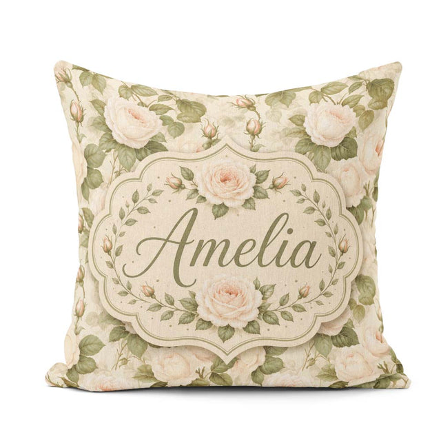 Custom Name Soft Blush Cream Roses with Foliage Seamless Pattern Square Filled Cushion Throw Pillow Sofa Bed Home Decor Zip Washable UK Made