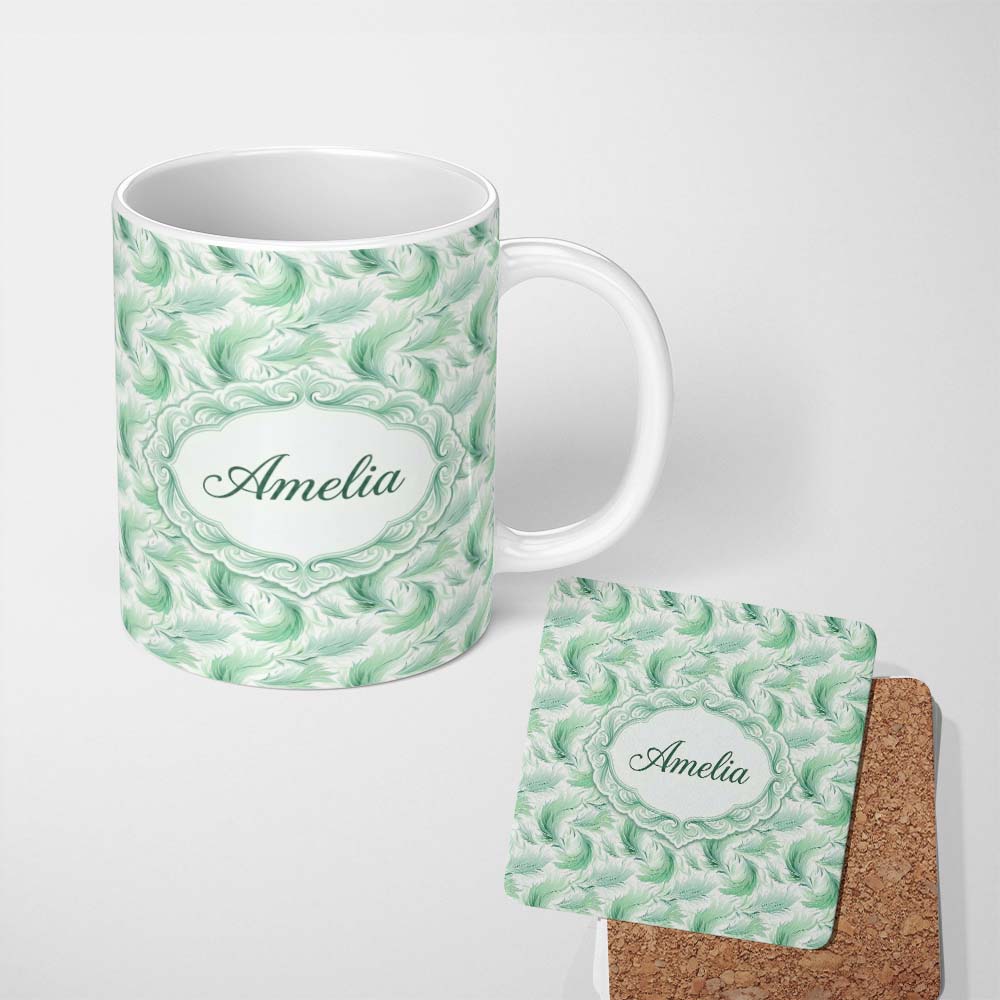 Personalized Custom Name Abstract Mint Green Flowing Feather Swirl Seamless Pattern Lovely 11oz Ceramic Coffee Tea Mug White Large Handle