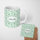 Personalized Custom Name Abstract Mint Green Flowing Feather Swirl Seamless Pattern Lovely 11oz Ceramic Coffee Tea Mug White Large Handle