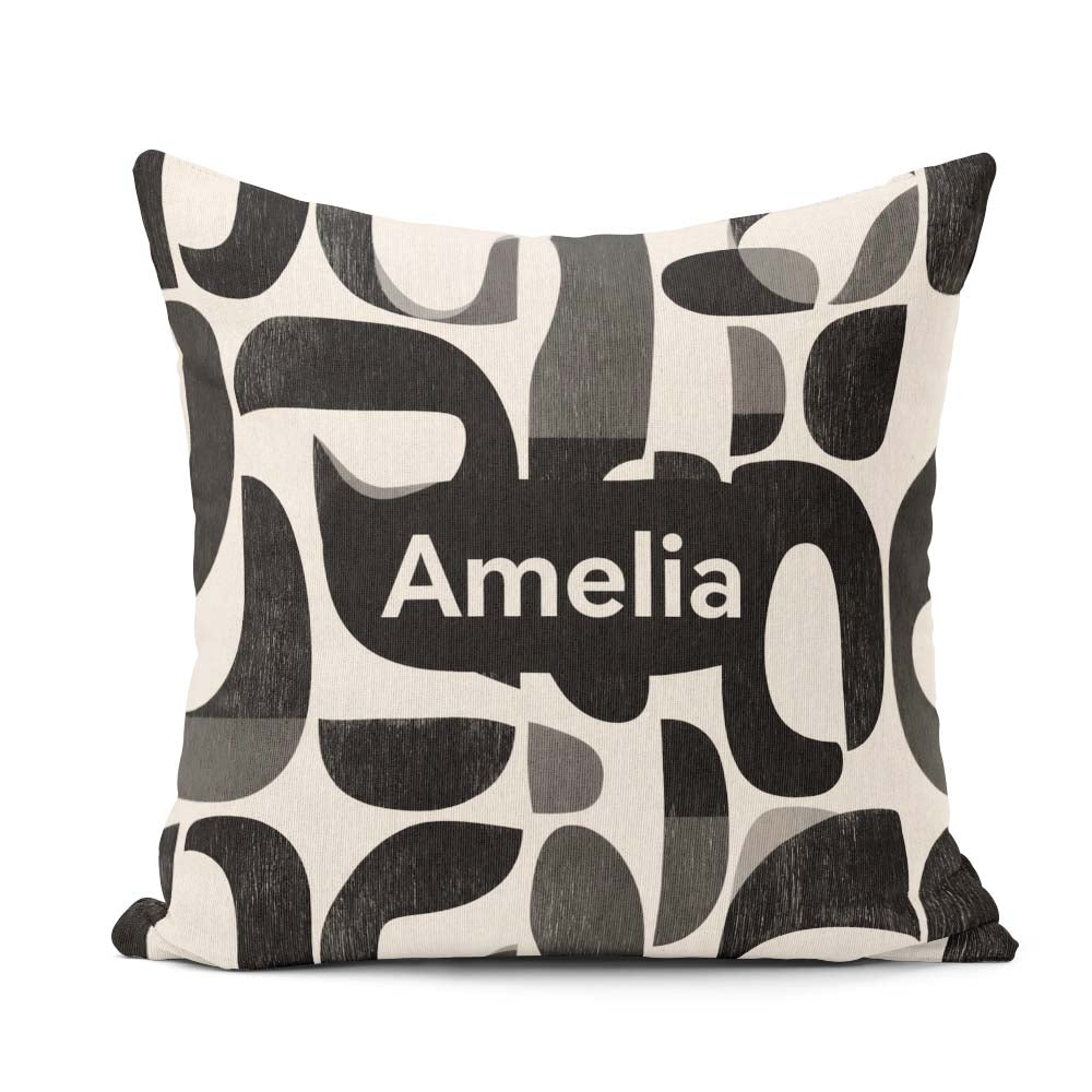 Custom Name Bold Curved Shapes Black Grey Modern Abstract Lovely Square Filled Cushion Throw Pillow Sofa Bed Home Decor Zip Washable UK Made