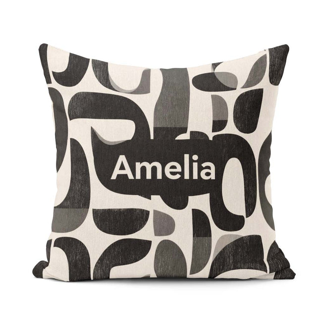 Custom Name Bold Curved Shapes Black Grey Modern Abstract Lovely Square Filled Cushion Throw Pillow Sofa Bed Home Decor Zip Washable UK Made