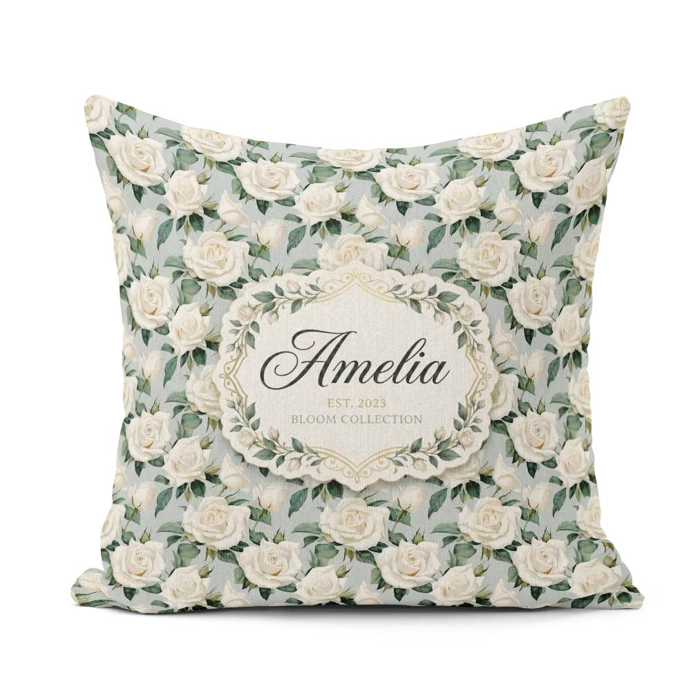 Custom Name Classic Cream Rose Bouquet Soft Background Seamless Square Filled Cushion Throw Pillow Sofa Bed Home Decor Zip Washable UK Made