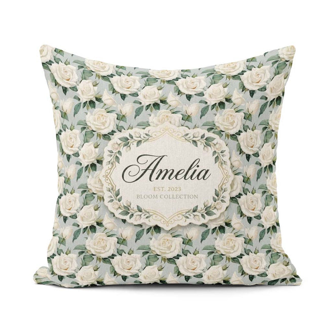 Custom Name Classic Cream Rose Bouquet Soft Background Seamless Square Filled Cushion Throw Pillow Sofa Bed Home Decor Zip Washable UK Made
