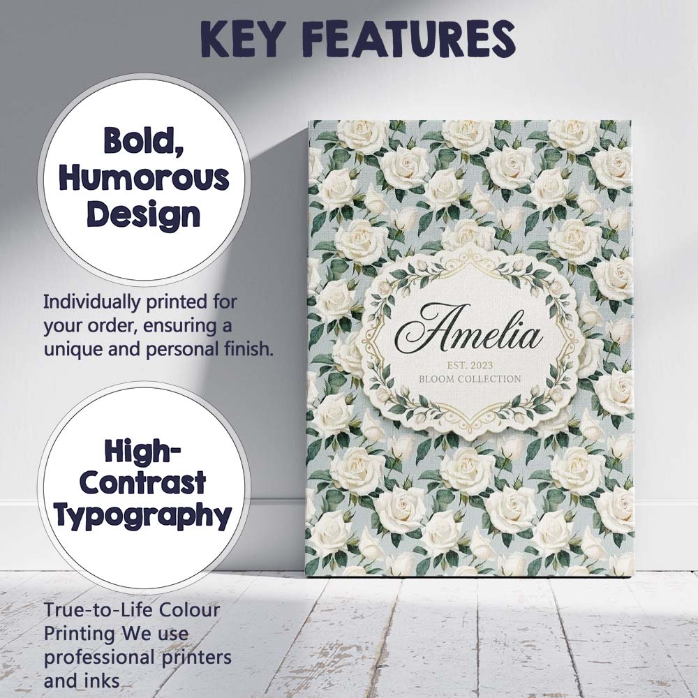 Personalised Name Classic Cream Rose Custom Premium Decorative Design Modern Room Accent Canvas Wall Art Print Decor Picture Ready to Hang