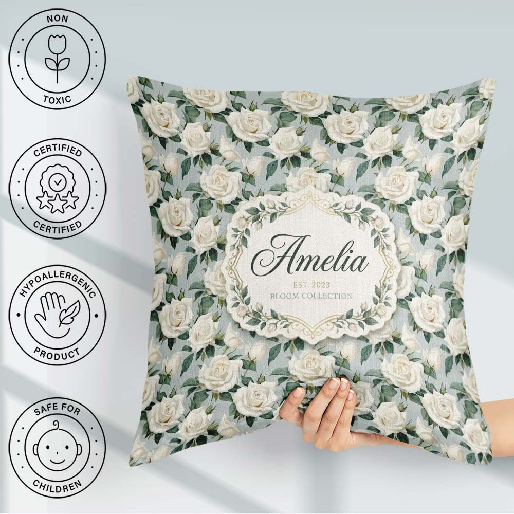 Custom Name Classic Cream Rose Bouquet Soft Background Seamless Square Filled Cushion Throw Pillow Sofa Bed Home Decor Zip Washable UK Made