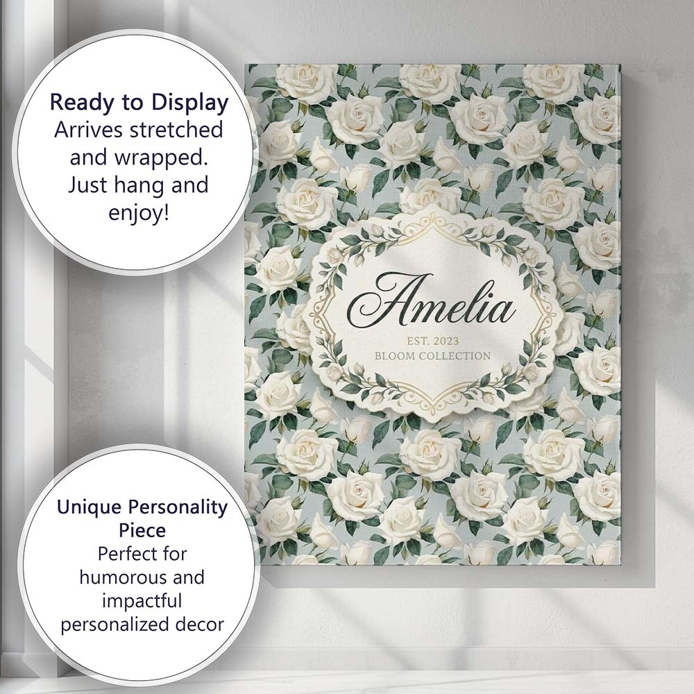 Personalised Name Classic Cream Rose Custom Premium Decorative Design Modern Room Accent Canvas Wall Art Print Decor Picture Ready to Hang