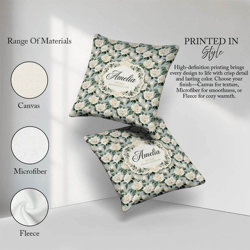 Custom Name Classic Cream Rose Bouquet Soft Background Seamless Square Filled Cushion Throw Pillow Sofa Bed Home Decor Zip Washable UK Made