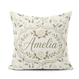 Custom Name Delicate White and Leaves Minimal Botanical Seamless Square Filled Cushion Throw Pillow Sofa Bed Home Decor Zip Washable UK Made