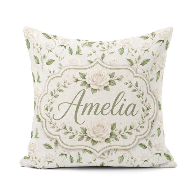 Custom Name Delicate White and Leaves Minimal Botanical Seamless Square Filled Cushion Throw Pillow Sofa Bed Home Decor Zip Washable UK Made