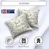Custom Name Delicate White and Leaves Minimal Botanical Seamless Square Filled Cushion Throw Pillow Sofa Bed Home Decor Zip Washable UK Made