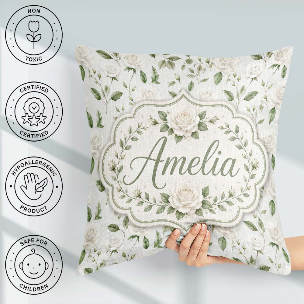 Custom Name Delicate White and Leaves Minimal Botanical Seamless Square Filled Cushion Throw Pillow Sofa Bed Home Decor Zip Washable UK Made