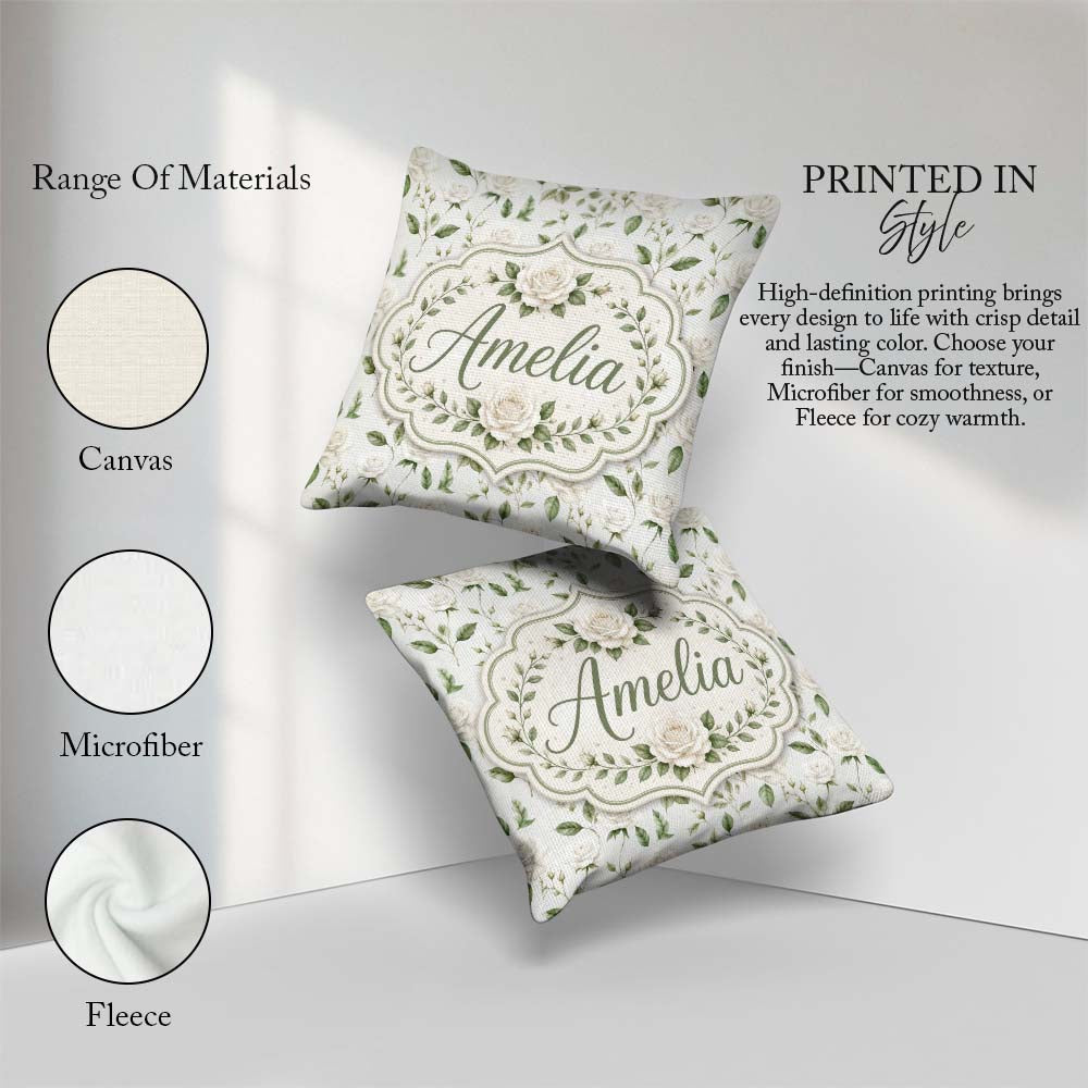 Custom Name Delicate White and Leaves Minimal Botanical Seamless Square Filled Cushion Throw Pillow Sofa Bed Home Decor Zip Washable UK Made