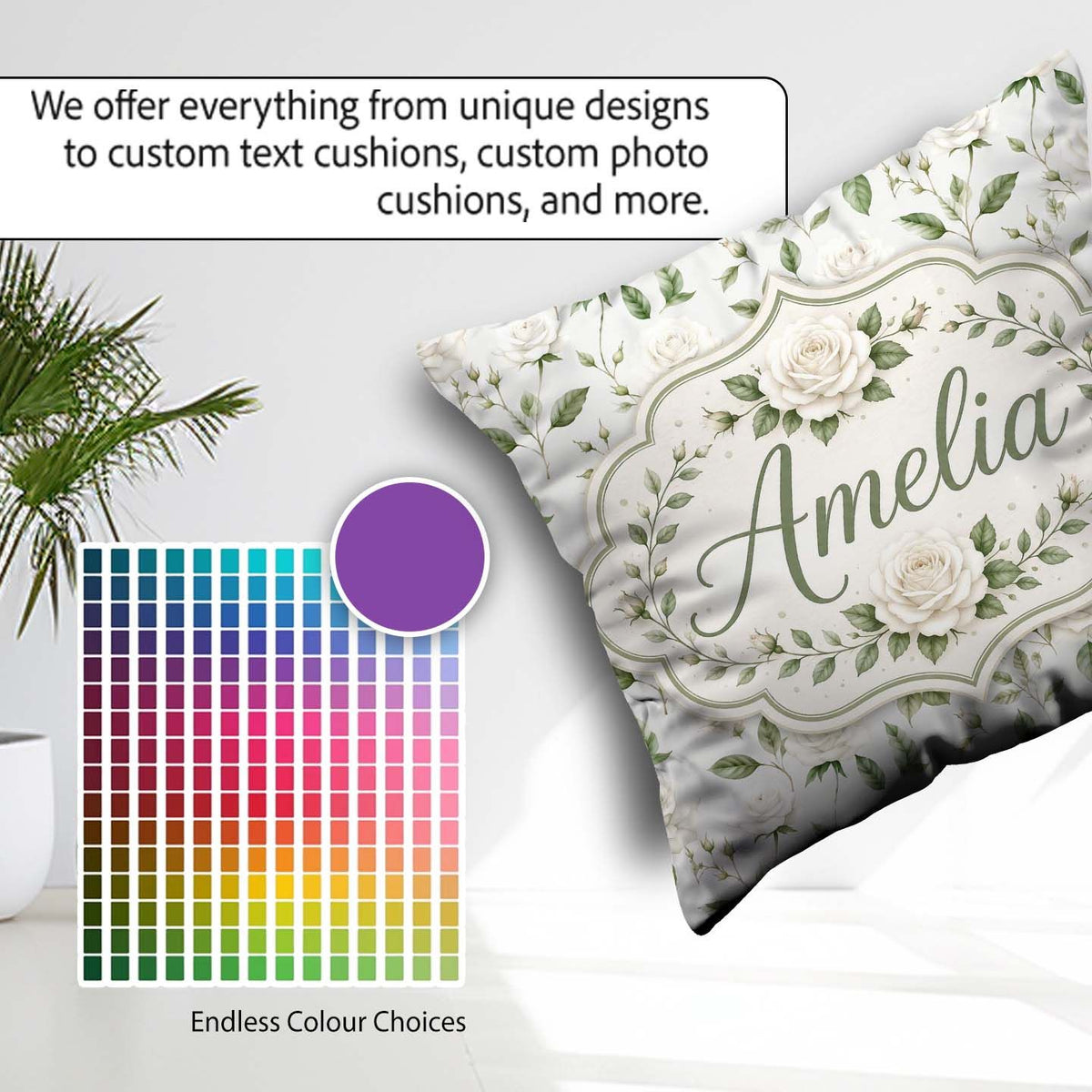 Custom Name Delicate White and Leaves Minimal Botanical Seamless Square Filled Cushion Throw Pillow Sofa Bed Home Decor Zip Washable UK Made