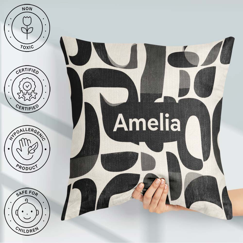 Custom Name Bold Curved Shapes Black Grey Modern Abstract Lovely Square Filled Cushion Throw Pillow Sofa Bed Home Decor Zip Washable UK Made