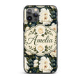 Romantic White Roses Dark Botanical Garden Printed Design Custom Name Protective Phone Case Mobile Cover Durable Smartphone Shock Resistant