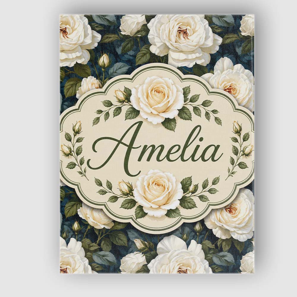 Personalised Name Romantic White Roses Dark Custom  Bespoke Interior Contemporary Canvas Wall Art Print Decor Picture Ready to Hang