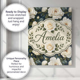 Personalised Name Romantic White Roses Dark Custom  Bespoke Interior Contemporary Canvas Wall Art Print Decor Picture Ready to Hang