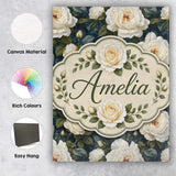 Personalised Name Romantic White Roses Dark Custom  Bespoke Interior Contemporary Canvas Wall Art Print Decor Picture Ready to Hang