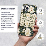 Romantic White Roses Dark Botanical Garden Printed Design Custom Name Protective Phone Case Mobile Cover Durable Smartphone Shock Resistant