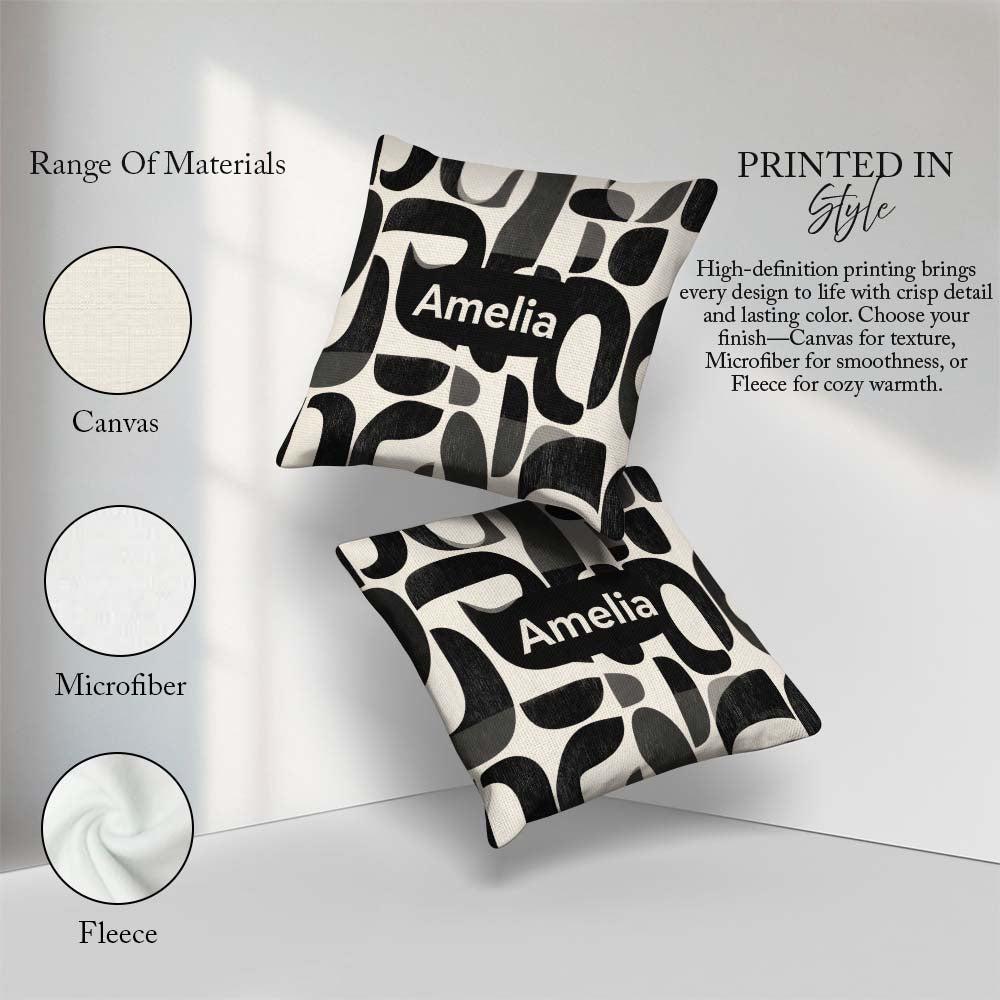 Custom Name Bold Curved Shapes Black Grey Modern Abstract Lovely Square Filled Cushion Throw Pillow Sofa Bed Home Decor Zip Washable UK Made