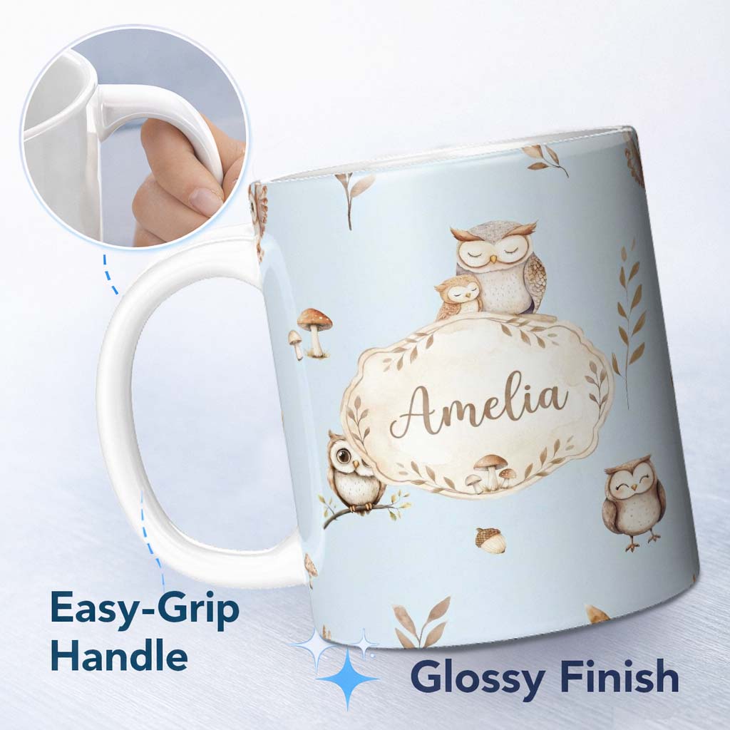 Personalized Custom Name Cute Woodland Owls Mushrooms and Leaves Soft Blue Background Lovely 11oz Ceramic Coffee Tea Mug White Large Handle