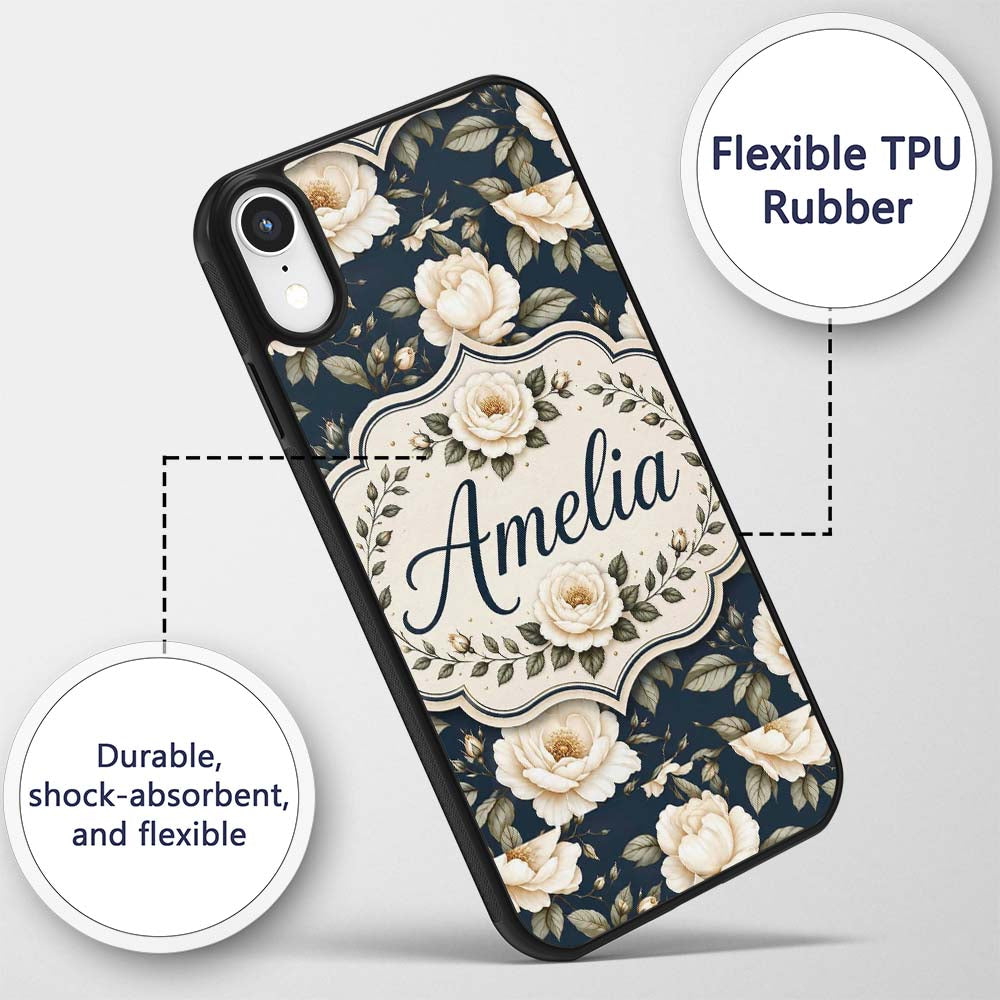 Elegant Beige Roses on Black Floral Seamless Custom Name Protective Phone Case Mobile Cover Durable Everyday Smartphone Shock Resistant