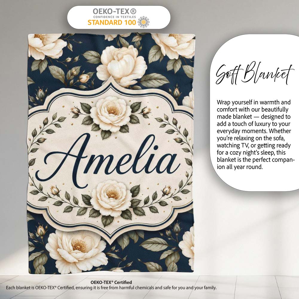 Elegant Beige Roses on Black Floral Seamless Pattern Lovely  Personalised Custom Name Super Soft Fleece Blanket Bed Sofa Throw